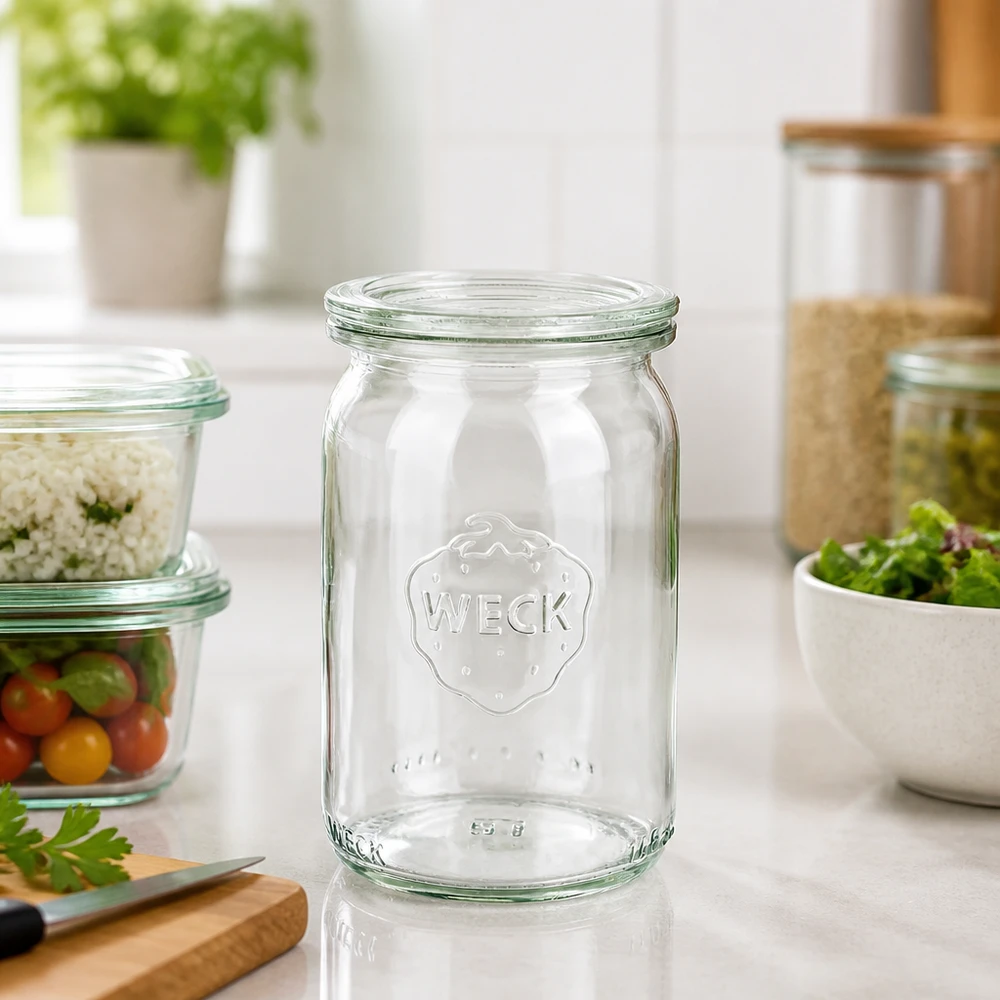 Barattolo cilindrico da 145 ml con coperchio in vetro WECK RR40 Vaso cilindrico WECK 145ml RR40 vuoto sul bancone della cucina con vasi di stoccaggio ed erbe fresche sullo sfondo