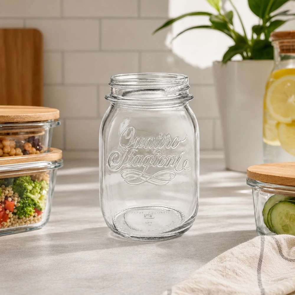 Vaso domestico "Quattro Stagioni" da 500 ml Barattolo per la casa Quattro Stagioni da 500 ml senza coperchio sul piano di lavoro della cucina con altri barattoli sullo sfondo