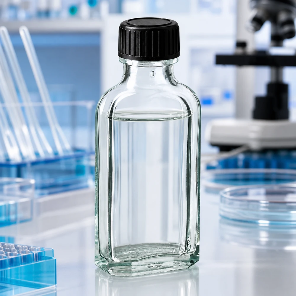 Flacone trasparente Meplat da 50 ml con guarnizione LKD in ambito di laboratorio professionale