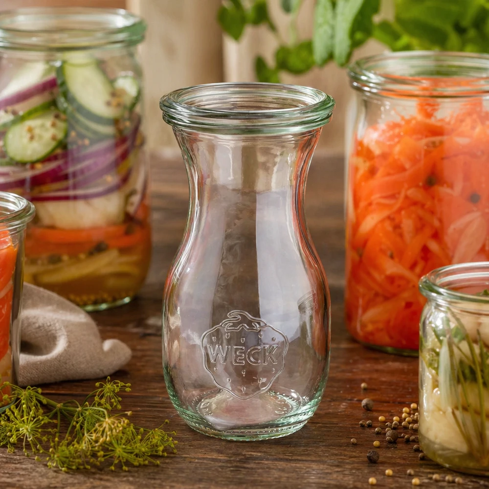 Bouteille à jus de 290 ml avec couvercle en verre WECK RR60 WECK Saftflasche 290ml RR60 leer im Ambiente mit gefüllten Einmachgläsern und frischen Kräutern auf Holztisch