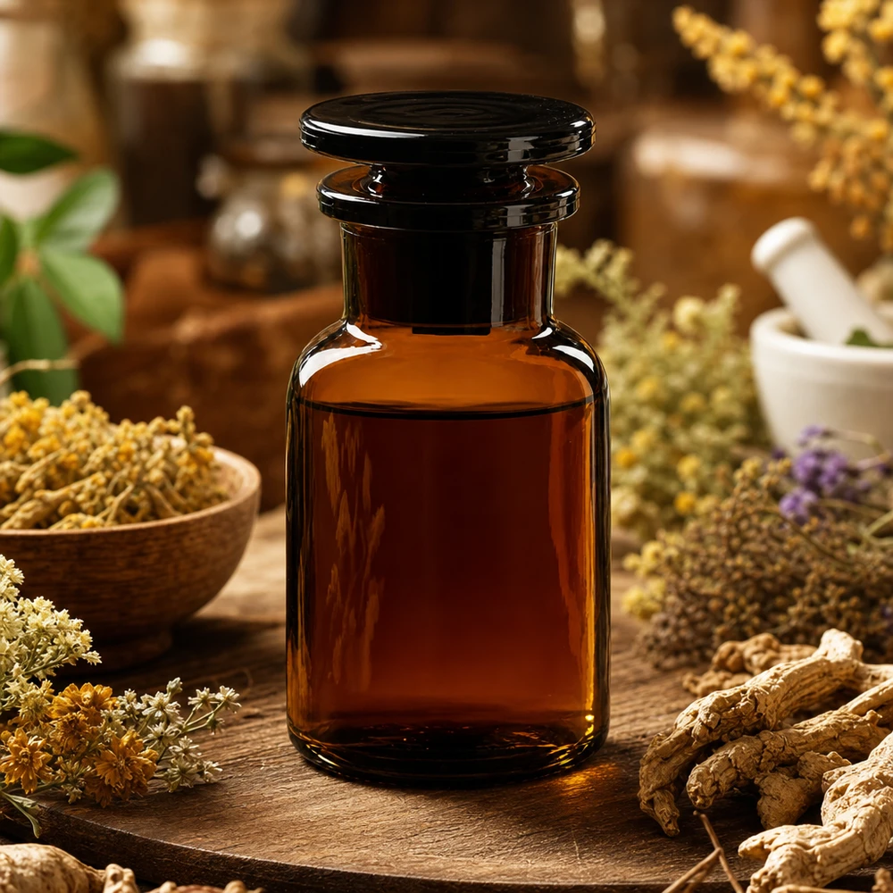 Bottiglia a spalla rotonda 100ml marrone a collo largo con tappo in vetro Classico flacone da farmacia da 100 ml, marrone, con collo largo e tappo di vetro, circondato da erbe medicinali