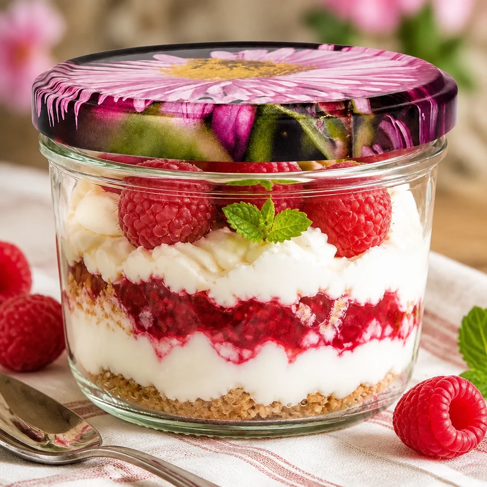 230ml Sturzglas + BasicSeal Deckel Blüten-Dekor UN Sturzglas 230ml BasicSeal Blütendeckel mit Himbeer-Dessert befüllt, Schichtdessert mit Sahne und frischen Beeren