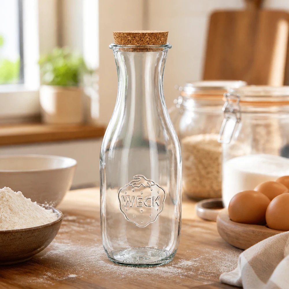 1062ml Saftflasche WECK RR60 mit Korken natur WECK Glasflasche 1062ml RR60 mit Korken auf Holzarbeitsfläche zwischen Backzutaten wie Mehl und Eiern in heller Küche