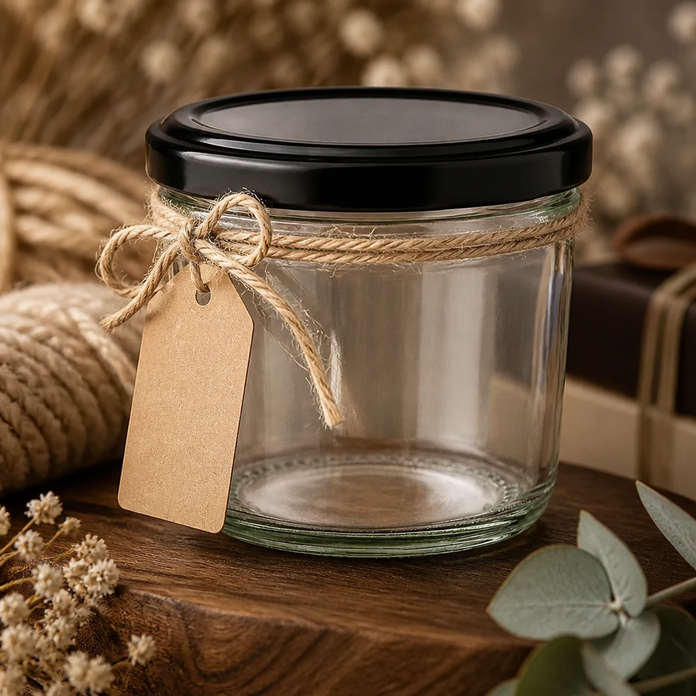 Bicchieri da 230 ml con coperchio nero e fiocco di iuta come confezione regalo su sfondo rustico in legno