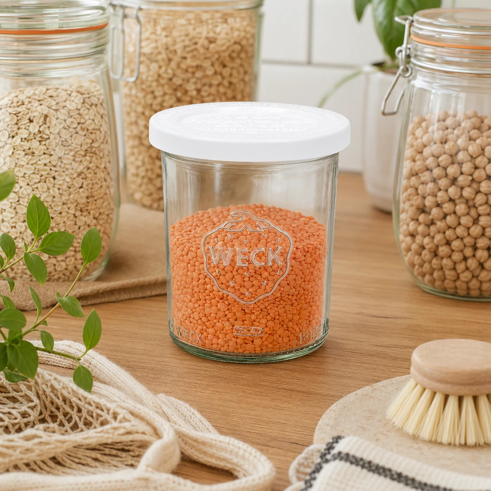 Vaso di vetro da 160 ml con coperchio salva-freschezza WECK RR60 Bicchieri WECK da 160 ml RR60 riempiti di lenticchie rosse in una cucina sostenibile con barattoli e utensili in legno