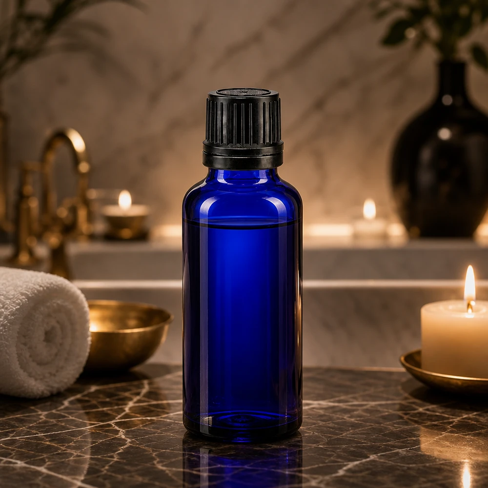 Apothekenflasche blau 30ml Schraubverschluss schwarz Giessring Originalitätsverschluss Lichtschutzflasche 30ml Kobaltblau mit OV-Verschluss ideal für Aromatherapie und Wellness