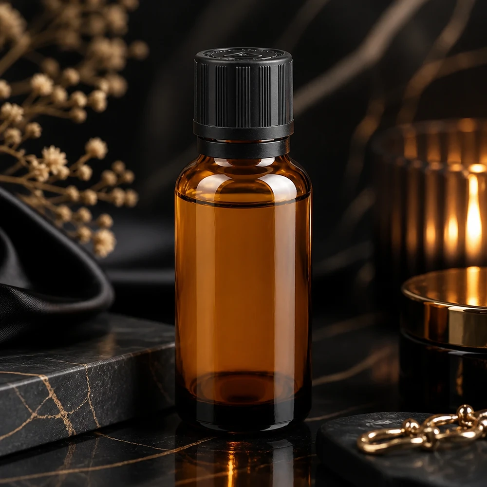 Apothekenflasche braun 20ml Tropfer Giessring 1mm schwarz Kindersicherung Blindenwarnsymbol Originalitätsverschluss Apotheken Braunglasflasche 20ml mit Kindersicherung auf dunklem Marmor mit Goldakzenten