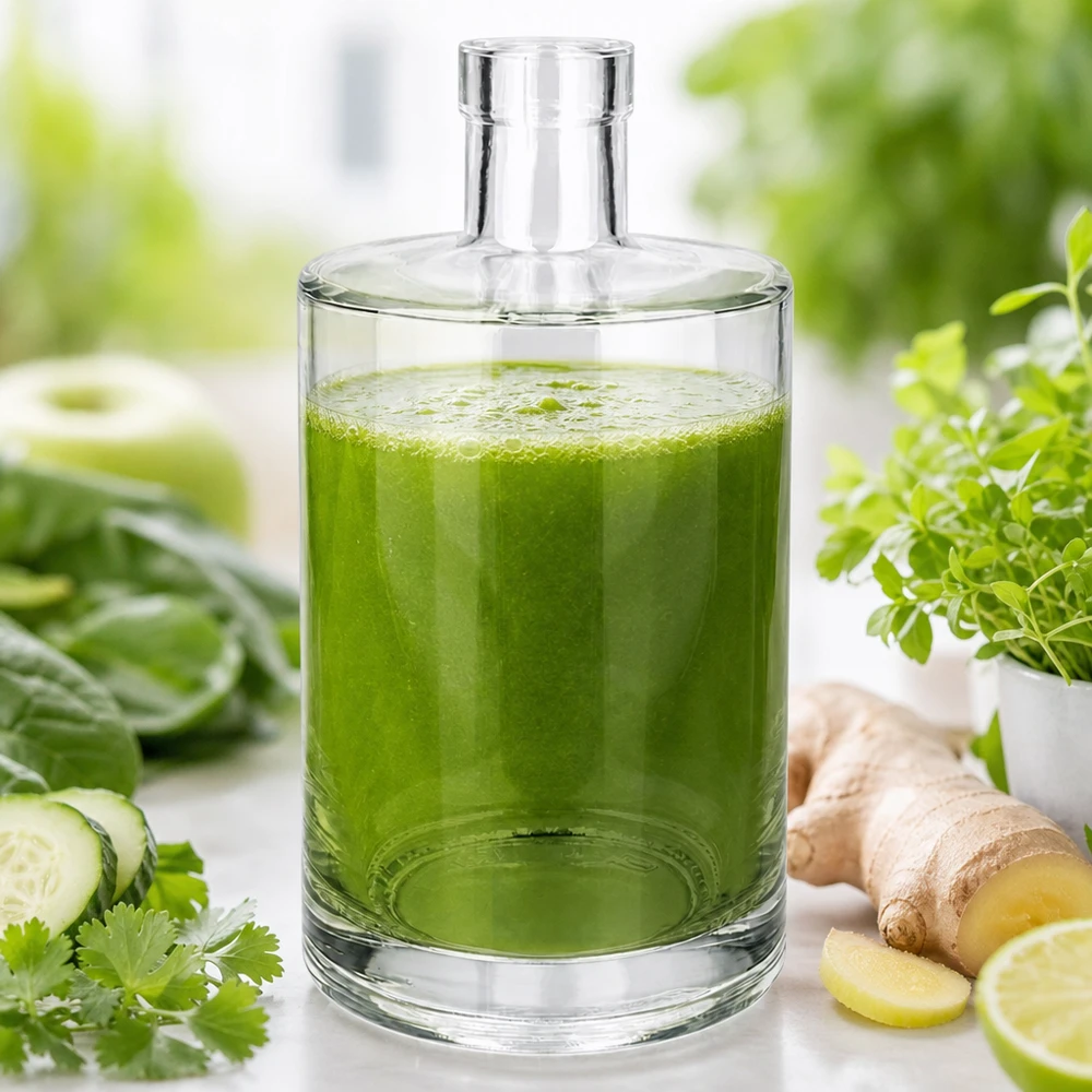 Bottiglia di vetro da 700 ml Marie riempita di frullato verde accanto a cetriolo, zenzero ed erbe su uno sfondo chiaro