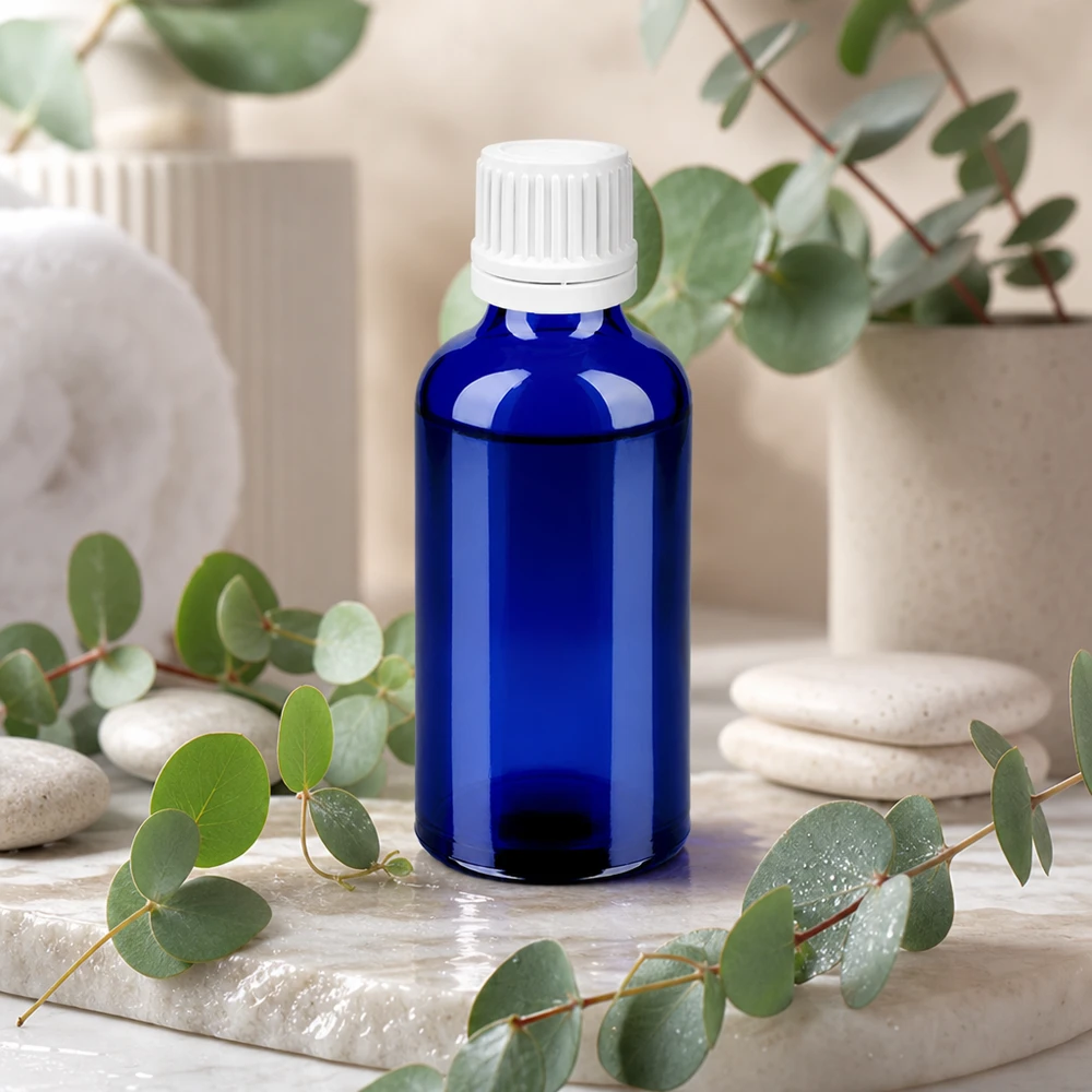 Bottiglia per pipette da 50 ml in blu ricco per cosmetica e naturopatia con apertura da 0,7 mm UT18/50
