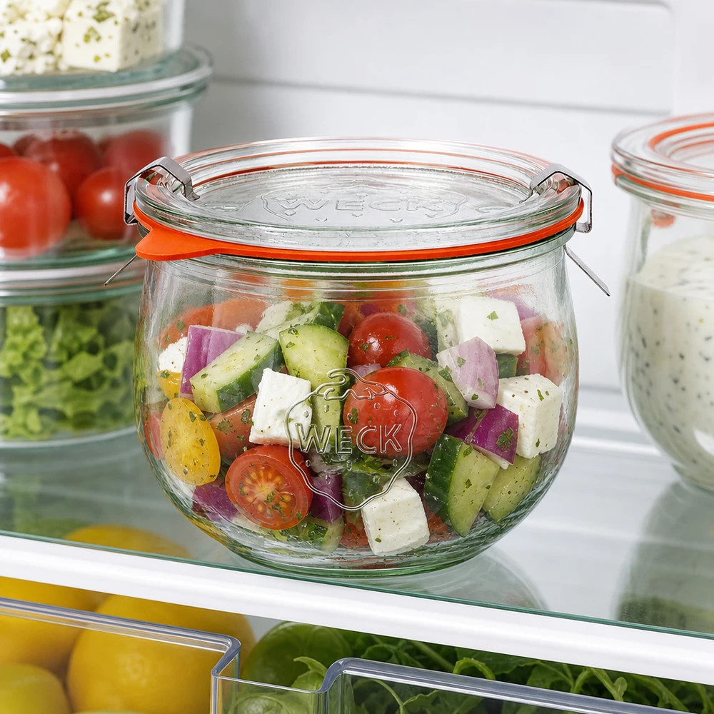 Vaso per tulipani da 580 ml completo WECK RR100 WECK vaso a tulipano 580ml RR100 con insalata colorata in frigorifero, pratico contenitore per la preparazione dei pasti con ingredienti freschi