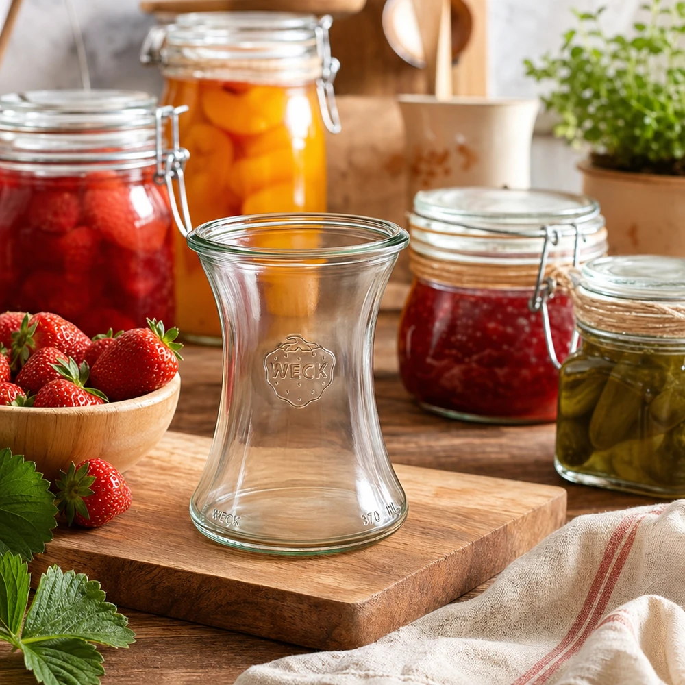 WECK RR80 Delikatessenglas 370ml in Küchensetting mit Einmachgläsern, Erdbeeren und Holzbrett als Dekoration