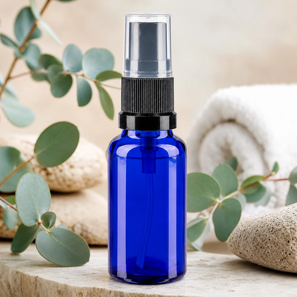 Apothekenflasche blau 20ml Sprayaufsatz schwarz 20ml blaue Glassprühflasche mit transparenter Schutzkappe ideal für Seren und Hydrolate