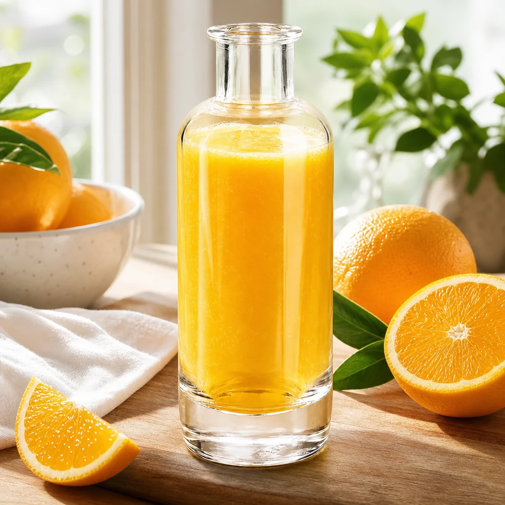 Bottiglia di vetro da 200 ml Ella riempita di succo d'arancia circondata da arance fresche mostra bevande naturali a base di frutta Applicazione