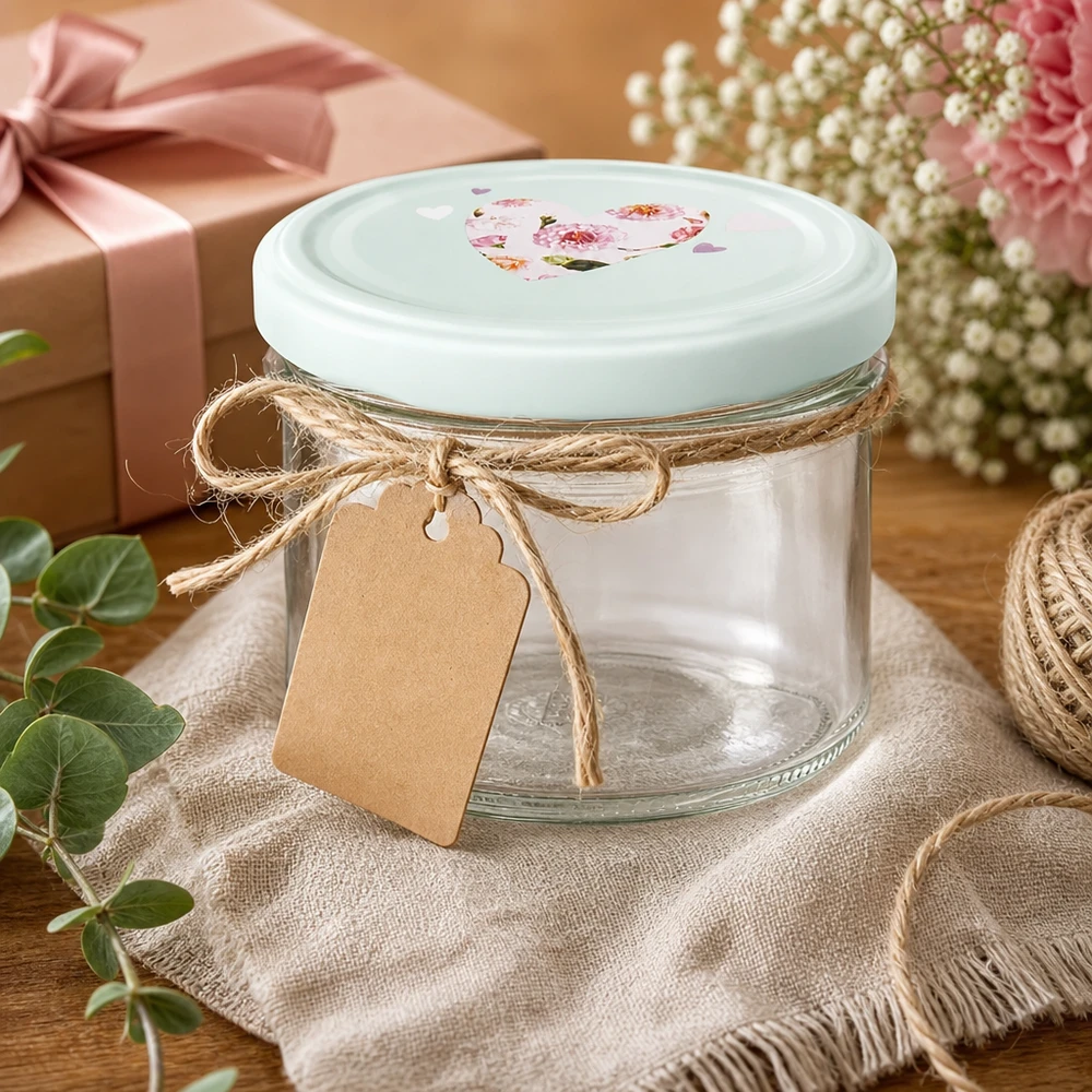 225ml Sturzglas + BasicSeal Deckel Herz mint UNiTWIST 225ml Sturzglas mint BasicSeal Herz-Deckel als Geschenkidee mit Juteschnur und Anhänger dekoriert