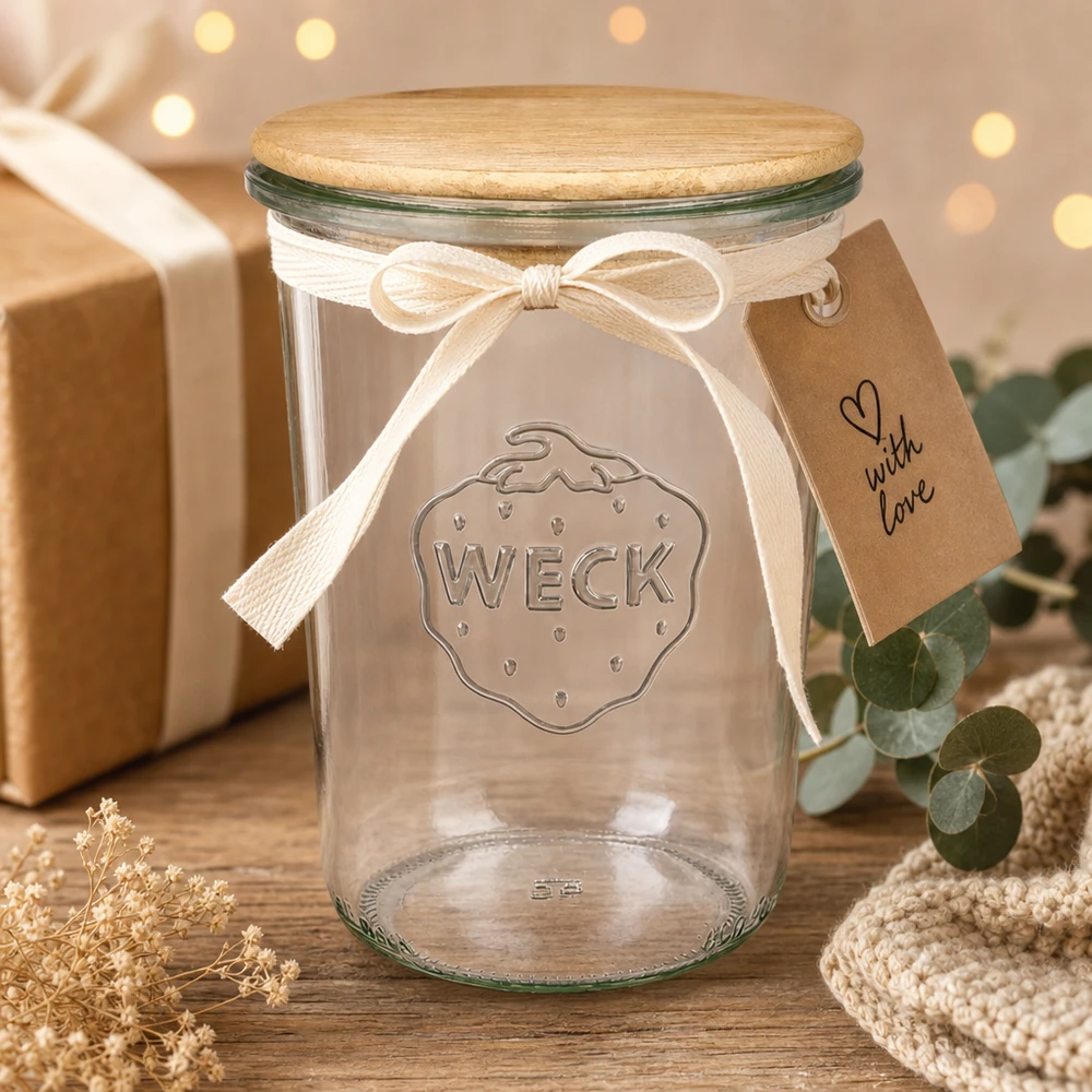 Bicchieri WECK RR100 da 850 ml con coperchio in legno WECK tumbler 850ml RR100 coperchio in legno confezione regalo con fiocco etichetta decorazione festiva Natale