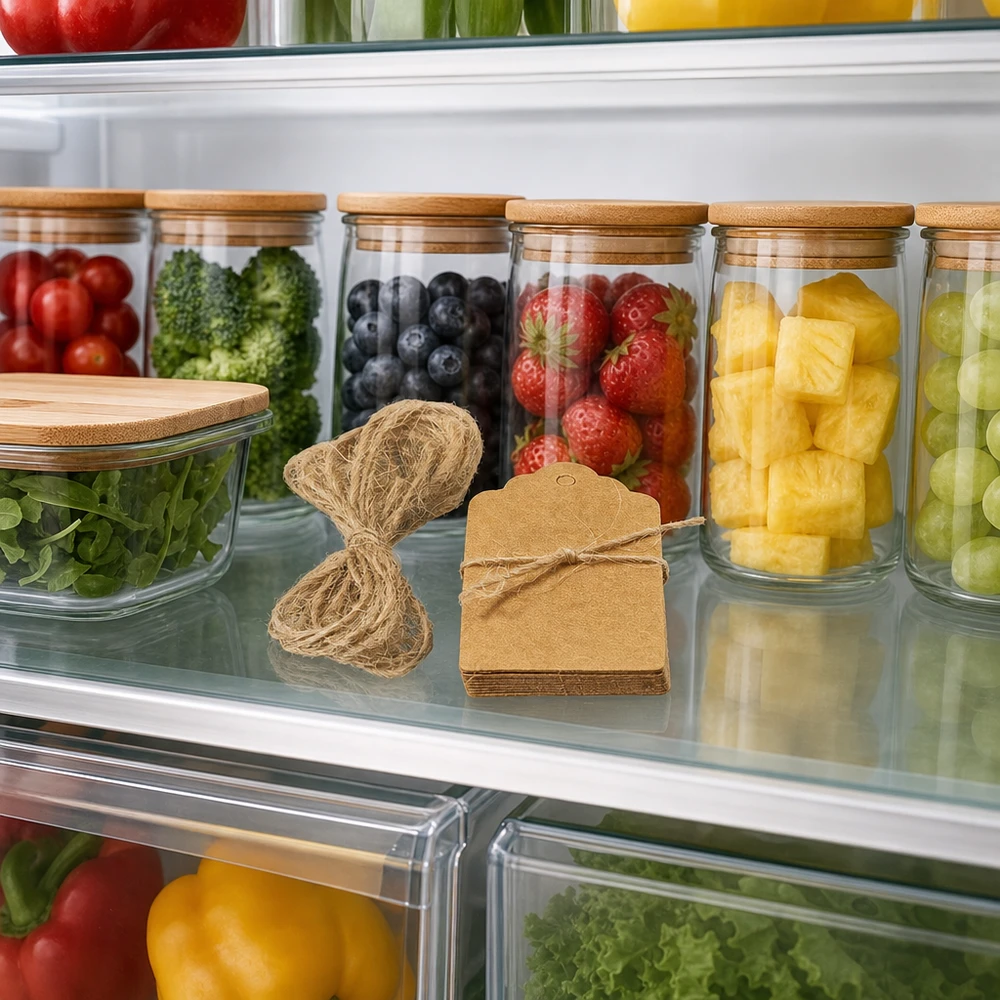 Ciondolo 30x50 mm con cordino (confezione da 10 pezzi) Braune Geschenkanhänger mit Kordel im Kühlschrank neben Vorratsgläsern mit Obst für praktische Lebensmittel-Organisation