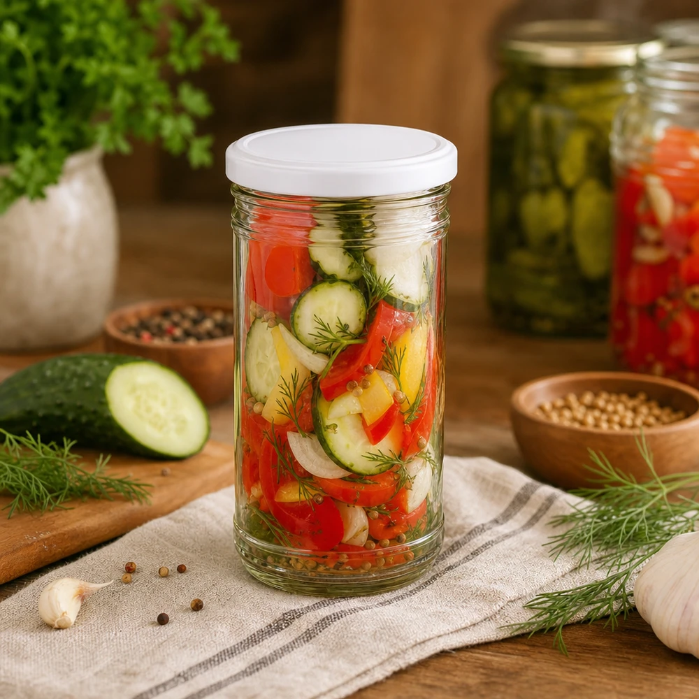 1053ml Sturzglas mit BasicSeal Deckel weiß UNiTWIST 1053ml Sturzglas mit eingelegtem Gemüsemix Gurken Paprika Zwiebeln Dill zeigt vielseitige Verwendung als Konservenglas