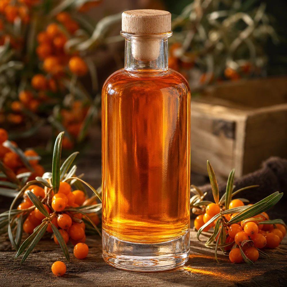 Bottiglia di vetro Ella da 200 ml con tappo di legno, riempita con olio di olivello spinoso di colore arancione tra rametti freschi di olivello spinoso.