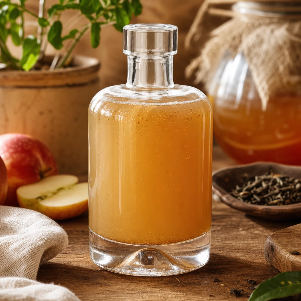 Bottiglia di vetro da 50 ml di Amelie riempita di aceto di sidro di mele accanto a fette di mela e spezie mostra l'uso per aceto e vinaigrette