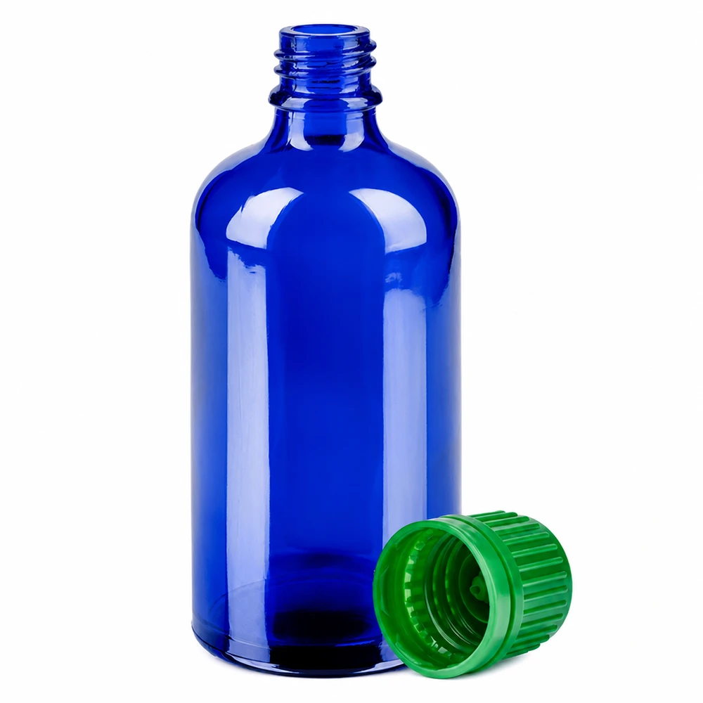 100ml Flasche 11mm Schraubverschluss grün Originalitätsverschluss BlueLine UT18/100 Apothekerflasche 100ml kobaltblau UV-Schutz mit grünem Kindersicherheitsverschluss UT18 Gewinde