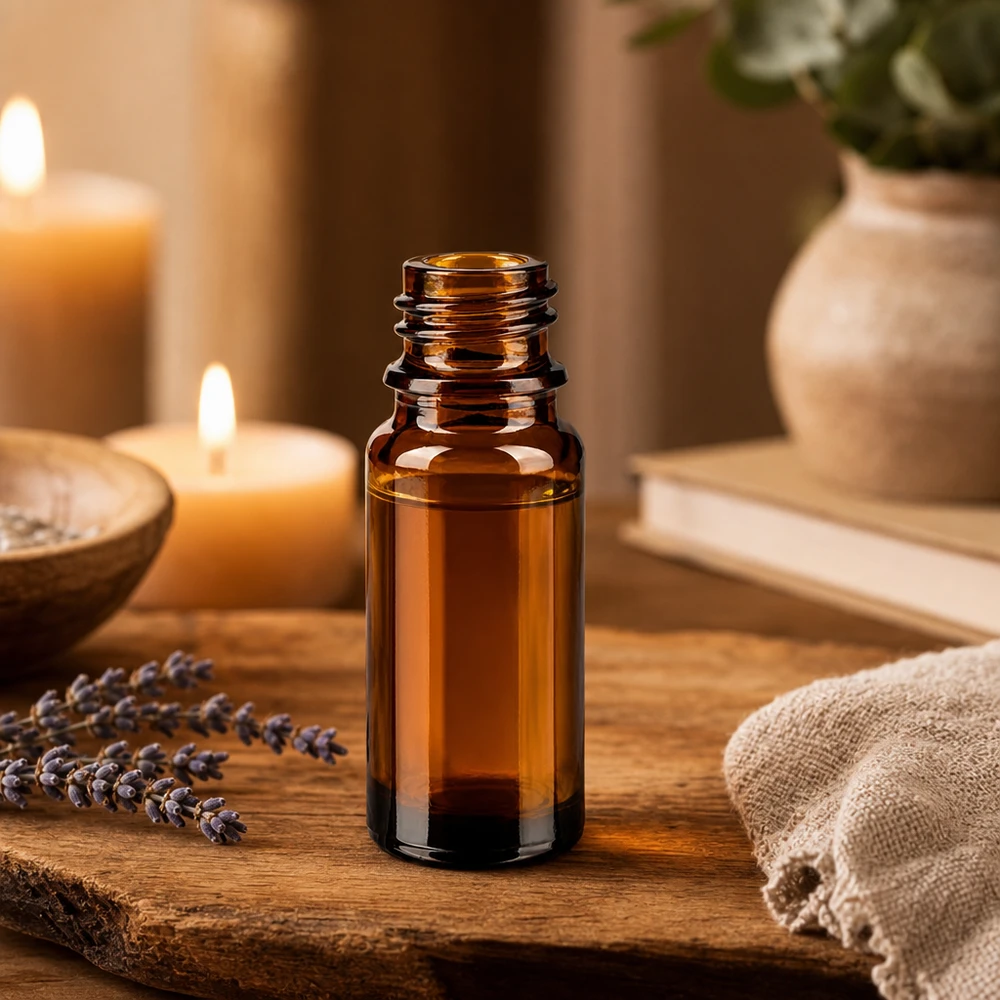 Flacone da farmacia marrone da 10 ml ApoGlas con candele di fiori di lavanda e accessori per l'aromaterapia su vassoio di legno