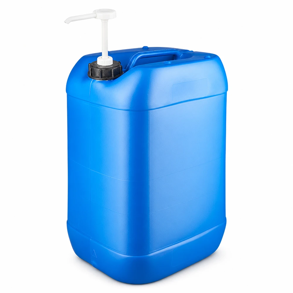 Kanister 25 Liter blau mit Dosierpumpe Stapelbarer 25 Liter Kanister aus blauem Kunststoff mit Dosierpumpe und DIN-Gewinde