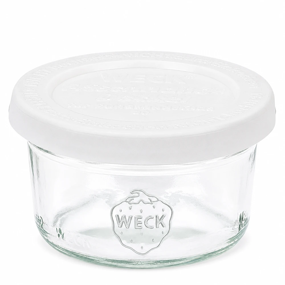 Bicchieri da 50 ml con coperchio salvafreschezza WECK RR60 Vaso da 50 ml WECK RR60 con coperchio in vetro bianco per la conservazione e lo stoccaggio