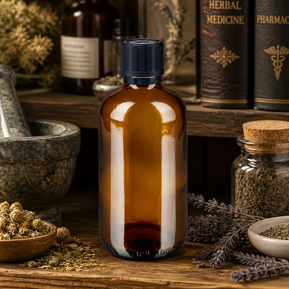 Flacon brun 100 ml avec bouchon compte-gouttes noir 1 mm, sécurité enfant Flacon en verre ambré de 100 ml avec bouchon compte-gouttes noir, posé sur une table rustique en bois garnie d'herbes aromatiques
