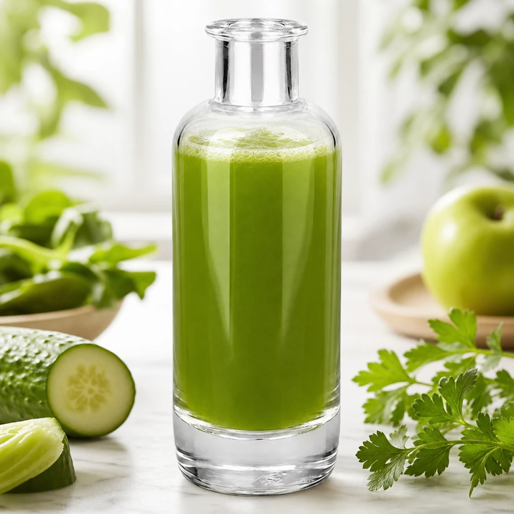 Bottiglia da farmacia da 200 ml Ella riempita di frullato verde mostra l'applicazione per bevande e cosmetici