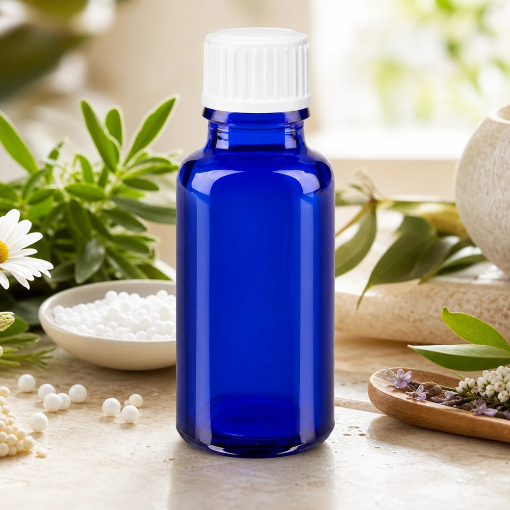 Professionelle Apotheken-Globuliflasche 20ml in Blau mit weißem Deckel vor Kräuterhintergrund