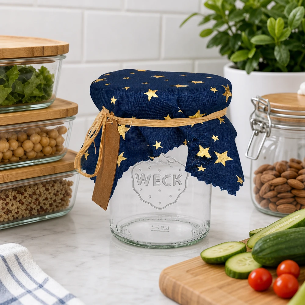 Centrino di stoffa per gioielli blu "stelle" 15cm quadrato Centrino in tessuto con decorazione a stella su vaso di stoccaggio accanto a utensili da cucina e verdure - centrino blu 15cm