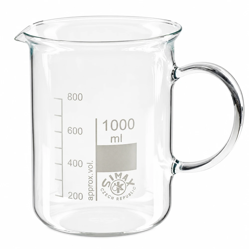 Bicchiere da 1000 ml in vetro borosilicato, con impugnatura Bicchiere da laboratorio da 1000 ml con manico, in vetro borosilicato trasparente, prodotto da Simax Czech Republic