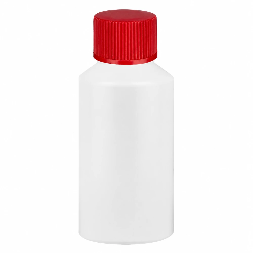 Weiße HDPE Kunststoffflasche 50ml mit rotem Kindersicherheitsverschluss