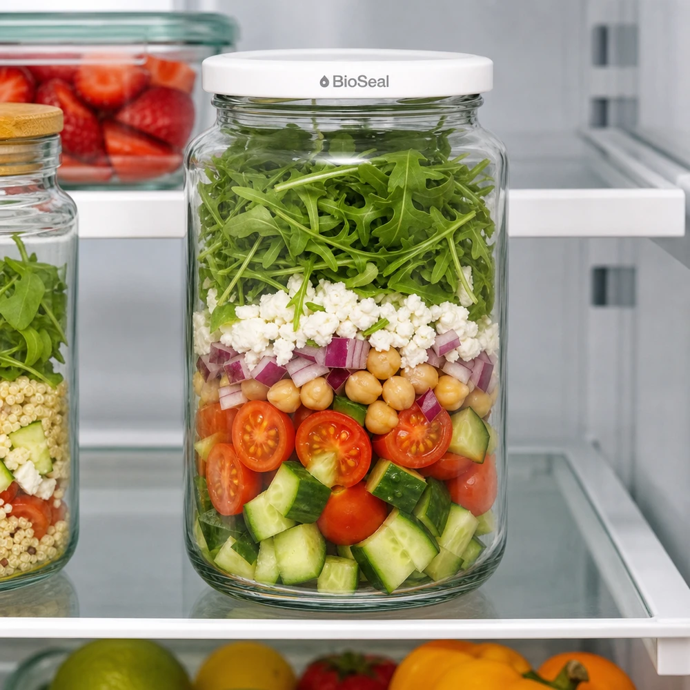 UNiTWIST Runda382 mit weissem Deckel TO66 BioSeal UNiTWIST Runda382 Schichtsalat im Kühlschrank - Meal Prep Glas mit frischem Gemüse und weißem BioSeal Deckel