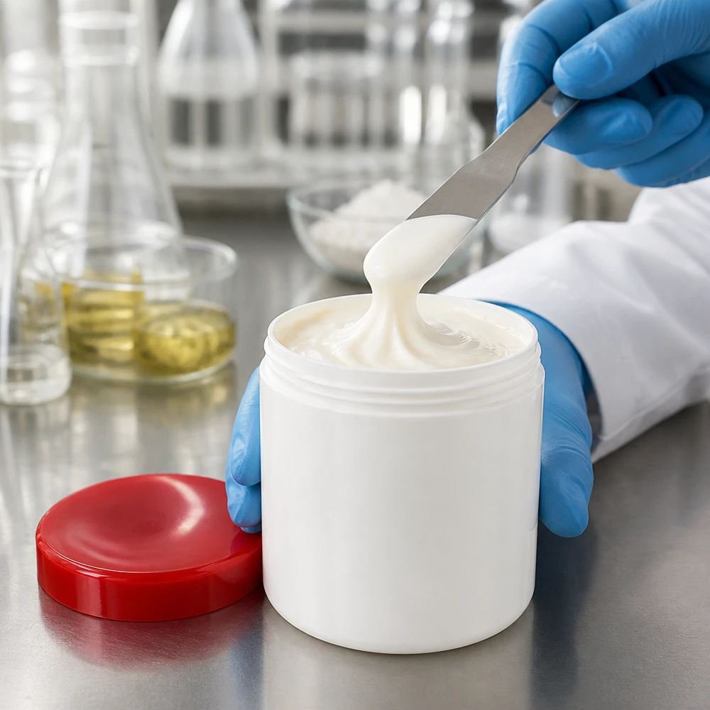 Remplissage d'un pot blanc d'une contenance de 30 g avec une substance onctueuse, à l'aide d'une spatule en acier inoxydable