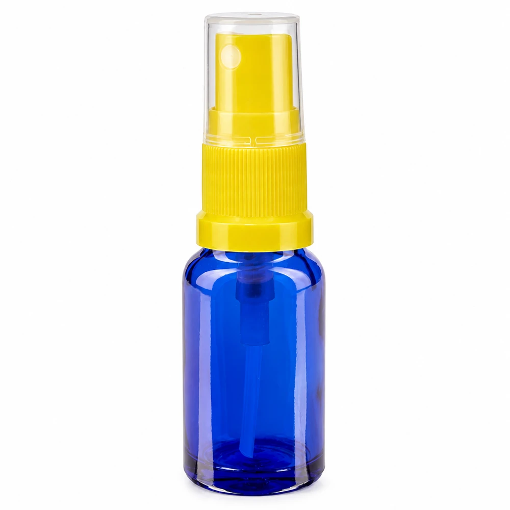Apothekenflasche blau 30ml Sprayaufsatz gelb Kompakte blaue Lichtschutzglasflasche 30ml mit gelbem Sprühaufsatz und Staubschutzkappe
