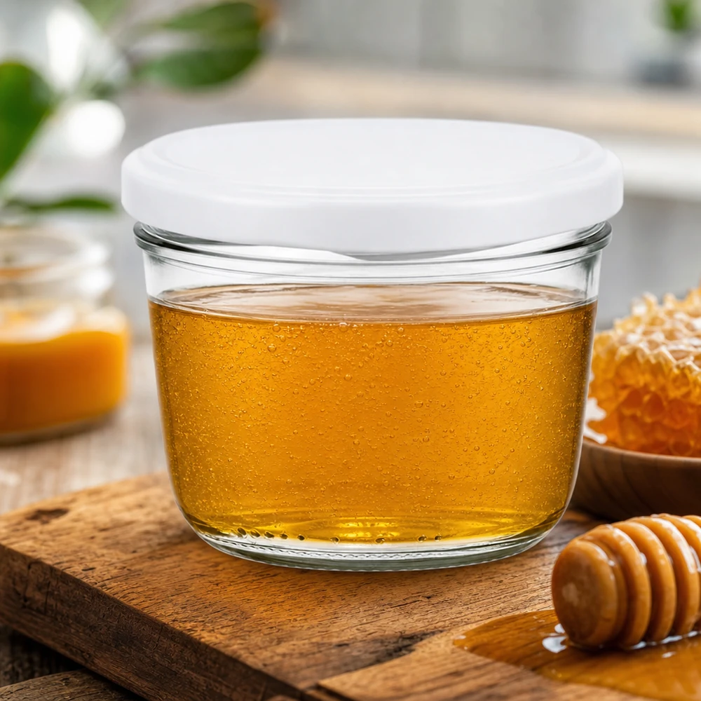 Bicchieri da 230 ml con coperchio bianco per il miele - vasetto per apicoltori con cucchiaio per il miele su un tavolo di legno rustico