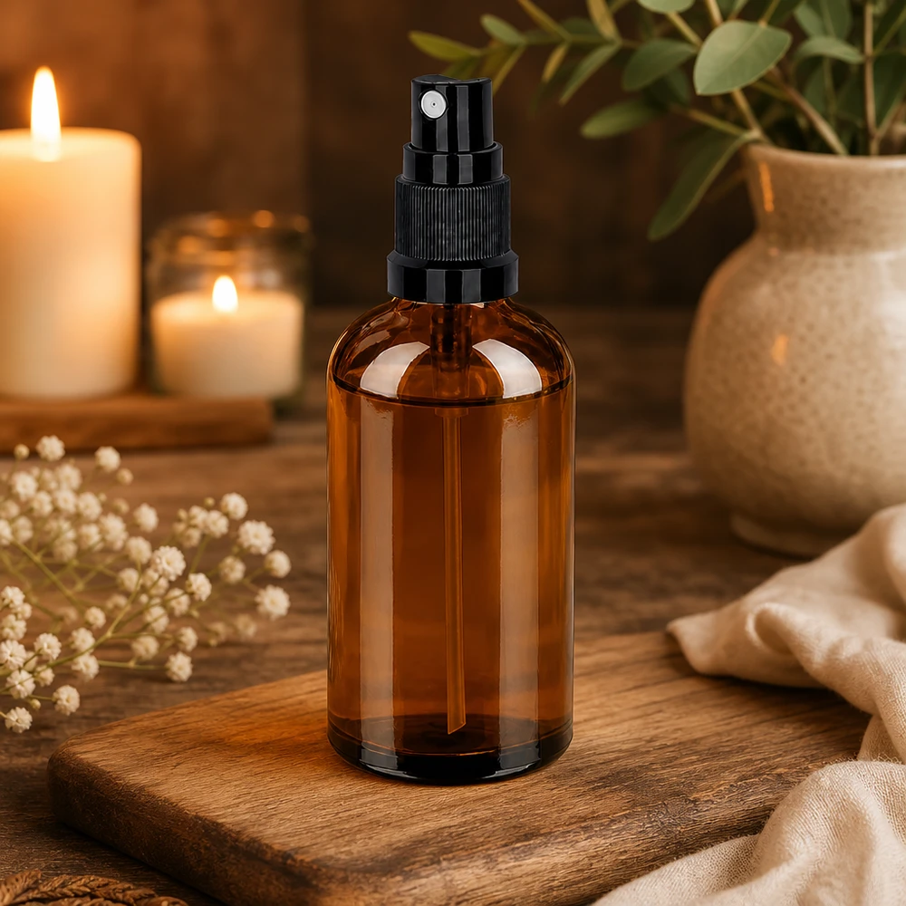 Flacone spray compatto da 100 ml, di colore marrone, per l'utilizzo in viaggio e in mobilità di spray e nebulizzatori