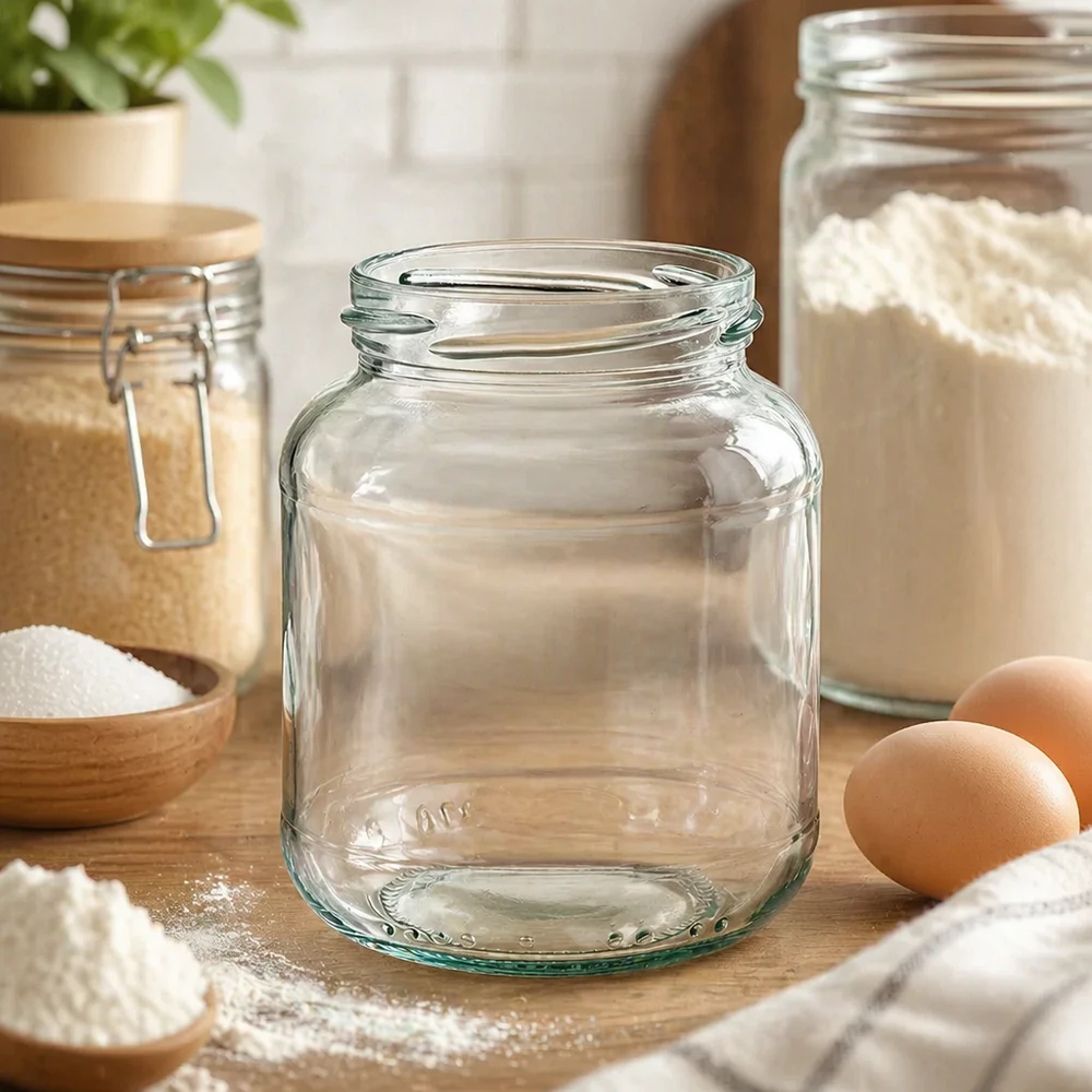 UNiTWIST Oval370 Einmachglas 370ml leer auf Holztisch mit Mehl Eiern und Küchenutensilien im Hintergrund