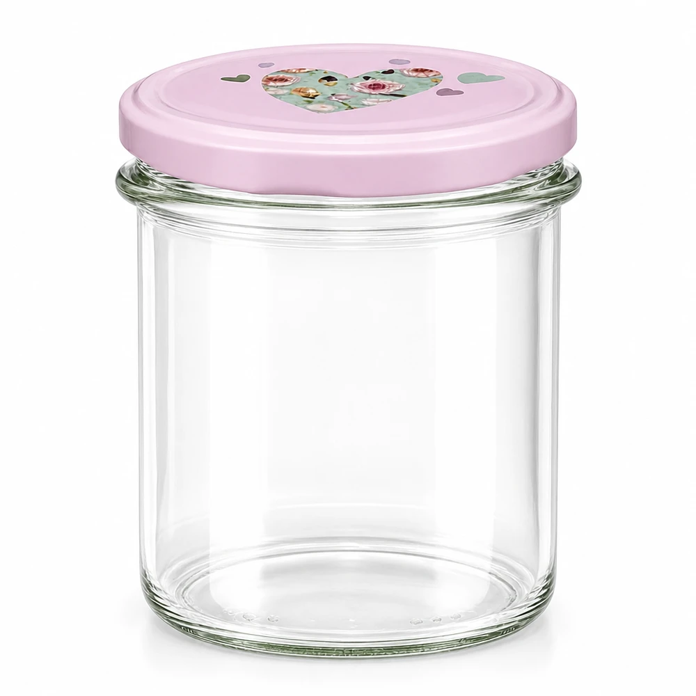 Vaso da 350 ml con coperchio BasicSeal rosa con motivo a cuore vuoto trasparente