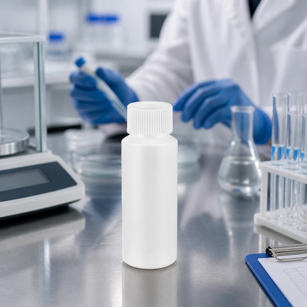 Flacon de pharmacie HDPE 30ml blanc avec bouchon vissable blanc Flacon rond en PEHD de 30 ml, blanc, conforme aux normes alimentaires, avec étiquette blanche « SV », destiné aux substances de laboratoire chimique