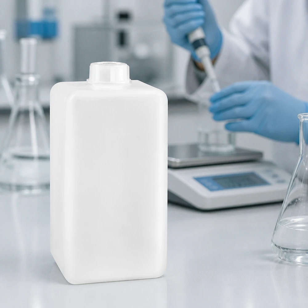 Flacon de produits chimiques de grande capacité en PE-HD de 1 500 ml, à col étroit, pour un remplissage précis en laboratoire