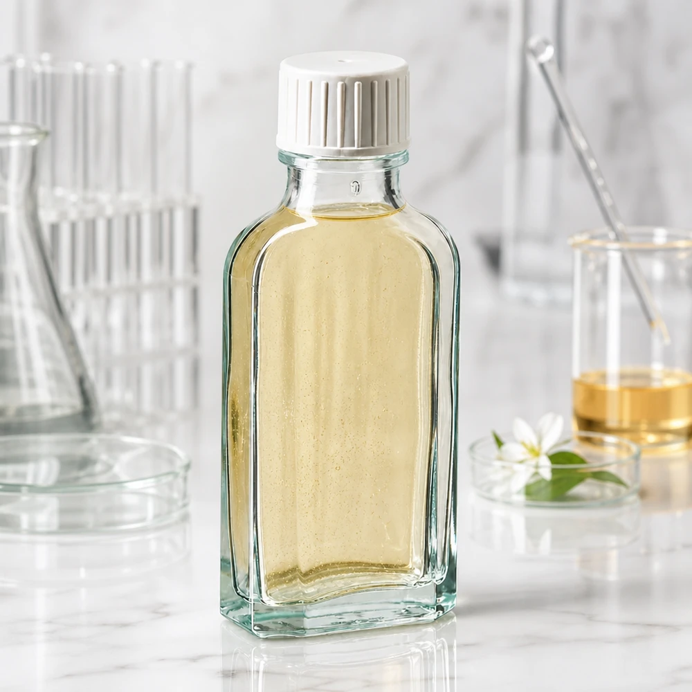 Kompakte Glasflasche flach 50 ml Meplat klar mit weißem Verschluss und Gießring