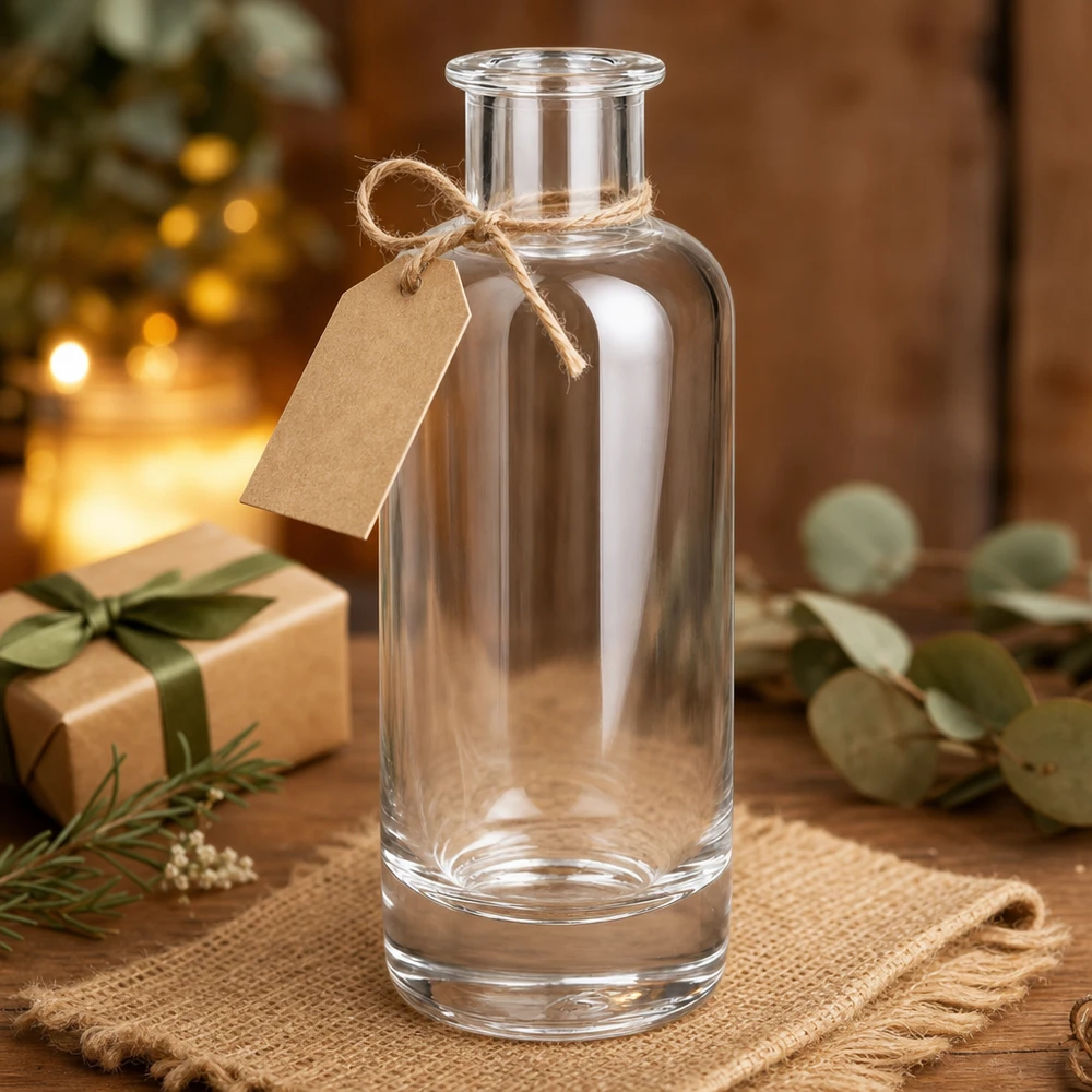 Bottiglia in vetro da 200 ml Ella vuota con etichetta regalo e nastro di iuta come regalo di Natale decorato su legno