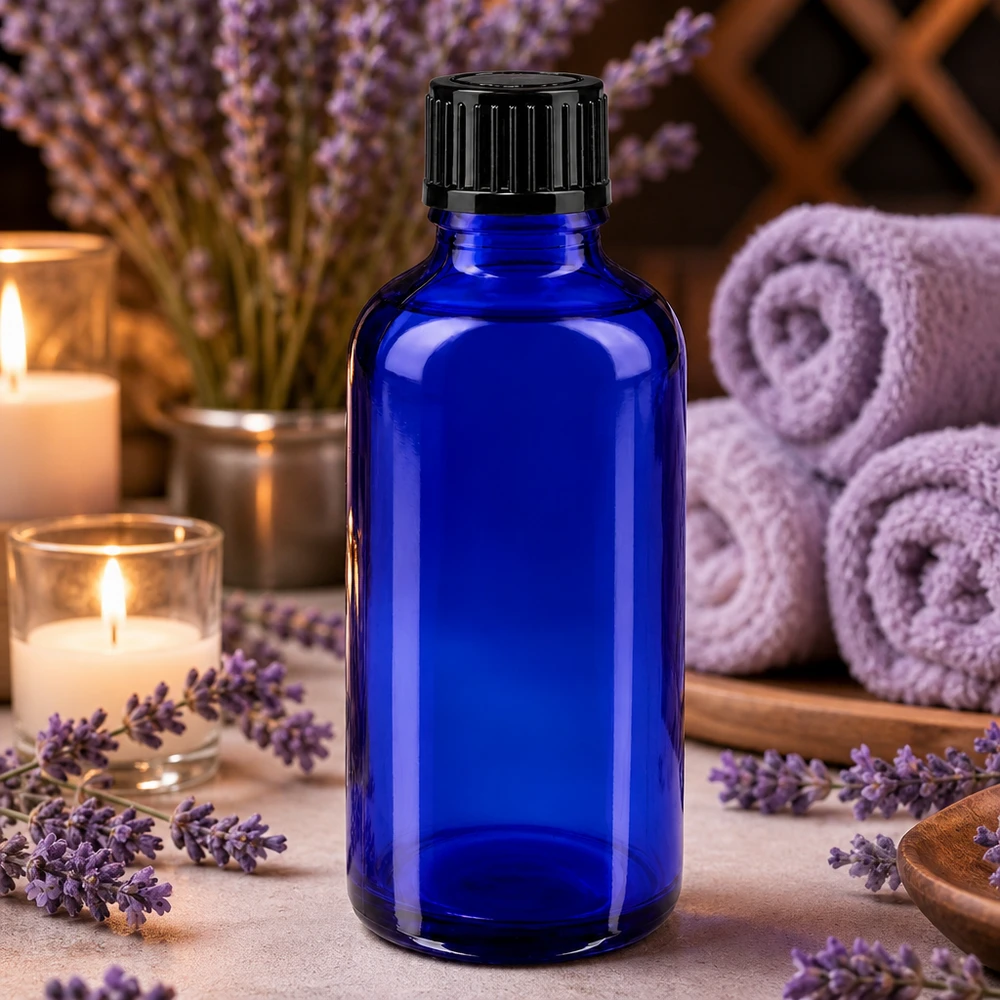 Apothekenflasche blau 50ml Schraubverschluss schwarz Standard Kobaltblaue 50ml Glasflasche Apotheker SV STD für Aromatherapie und Naturkosmetik