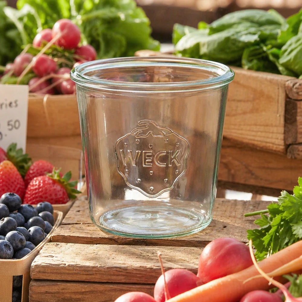 Bicchieri da 580 ml WECK RR100 Vaso per conserve WECK RR100 da 580 ml su tavola di legno con frutta e verdura fresca del mercato