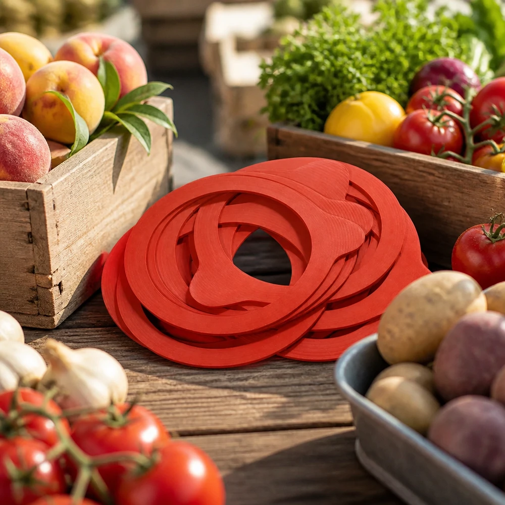 Bague d'étanchéité en caoutchouc naturel RR80 Einkochring RR80 Naturgummi rot auf rustikalem Holztisch mit frischem Obst Gemüse Marktstand Atmosphäre Einkochen