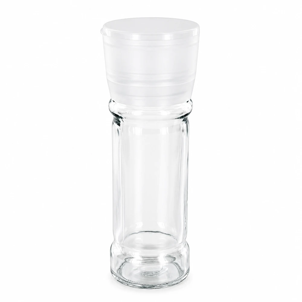 Pot à sel/épices 100 ml avec moulin Vario blanc Zylindrisches Gewürzglas 100ml mit weißer Dreh-Mühle Vario aus robustem Klarglas