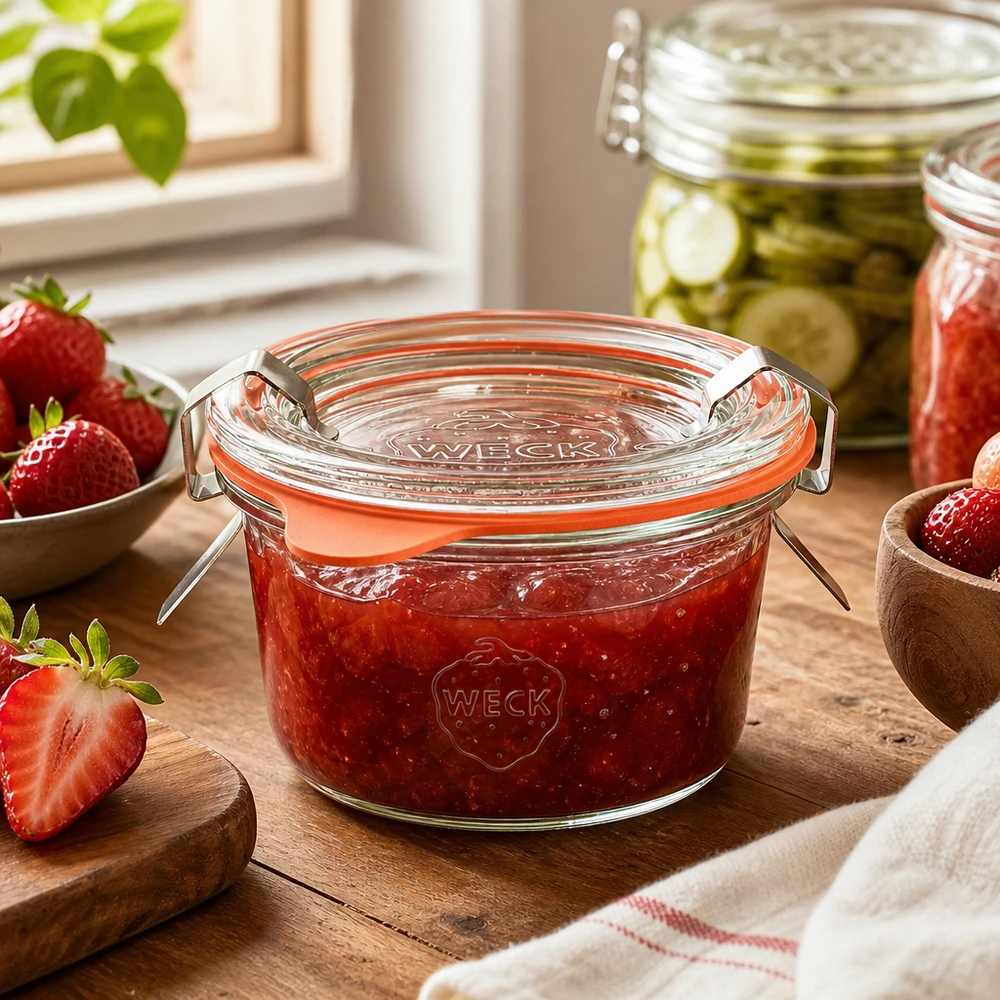 50ml Sturzglas komplett WECK RR60 WECK 50ml Sturzglas RR60 in Küche mit selbstgemachter Erdbeermarmelade gefüllt neben frischen Erdbeeren auf Holzbrett