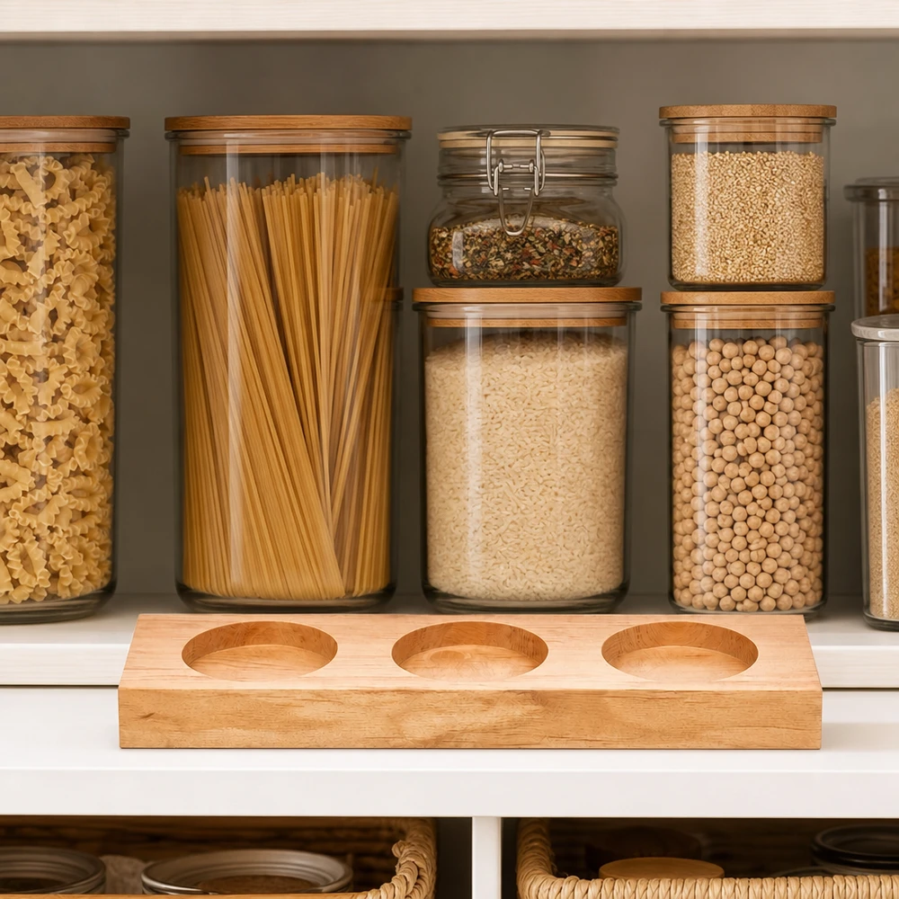 Tagliere Plano3 per 3 barattoli WECK Tavola di servizio Plano3 per vasetti WECK in una cucina organizzata con pasta e legumi in vasetti di stoccaggio